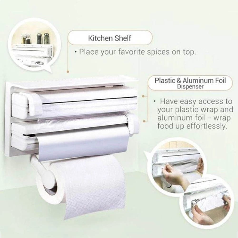 3 In 1 Multifunctional Kitchen Roll Holder, Cling Film Wall Mounted Paper Holder Shelf, Triple Food Wrap Dispenser, Kitchen Roll Holder With Spice Rack and Slide Cutter, Multifunctional Cling Film Cutter 3 In 1 Multifunctional Kitchen Roll Holder, Cling Film Wall Mounted Paper Holder Shelf, Triple Food Wrap Dispenser, Kitchen Roll Holder With Spice Rack and Slide Cutter, Multifunctional Cling Film Cutter